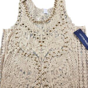 Gold Beaded Lace Sleeveless Top Anna-Kaci Womens Size S Elegant Sheer JH1812